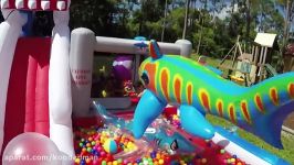 HUGE EGGS SURPRISE TOYS EGG HUNT on Inflatable Water Slide Disney Cars Toys Frozen Doll InsideOut