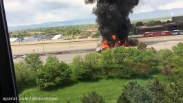 RAW Bystander films man jumping from fuel tanker as it explodes into flames