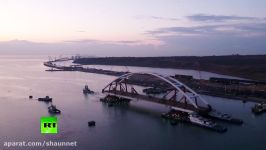 AERIAL 5500 ton Crimea Bridge motorway arch sails off for installation op