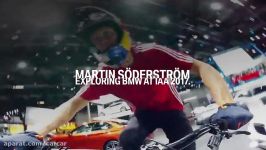 MTB freerider jumps over BMW X3. Martin Söderström at IAA 2017.